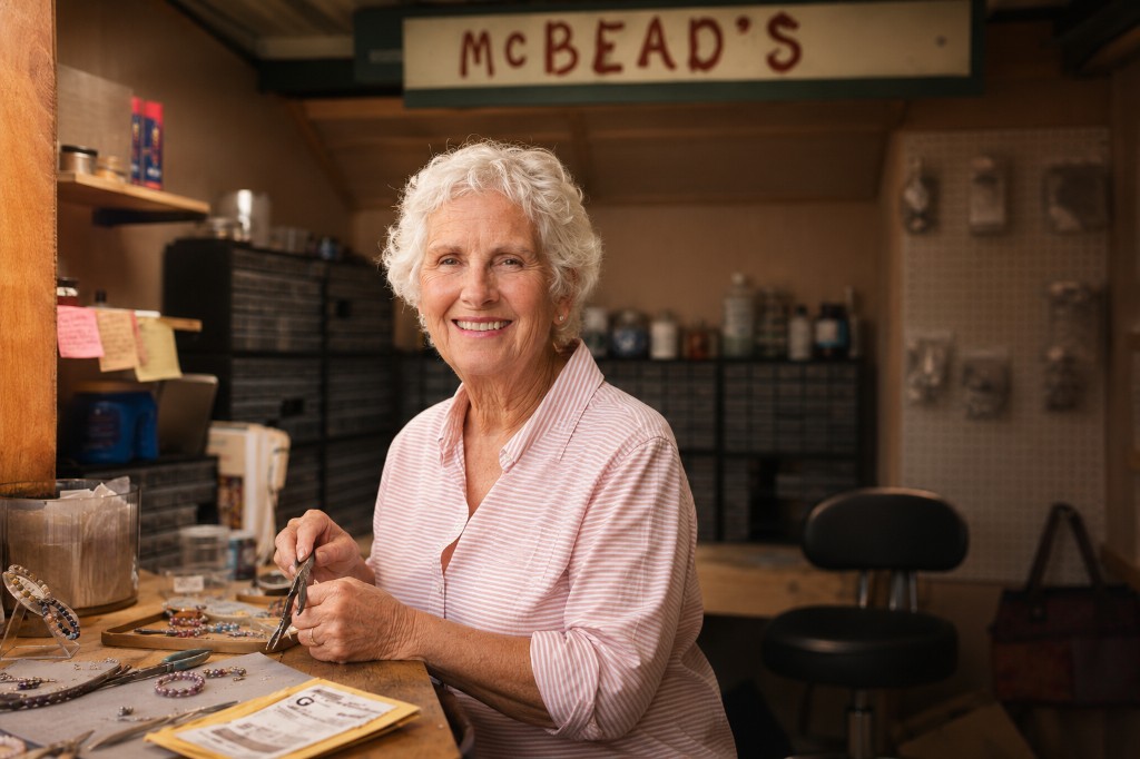 Renie making jewelry at her workbench in the McBead's studio